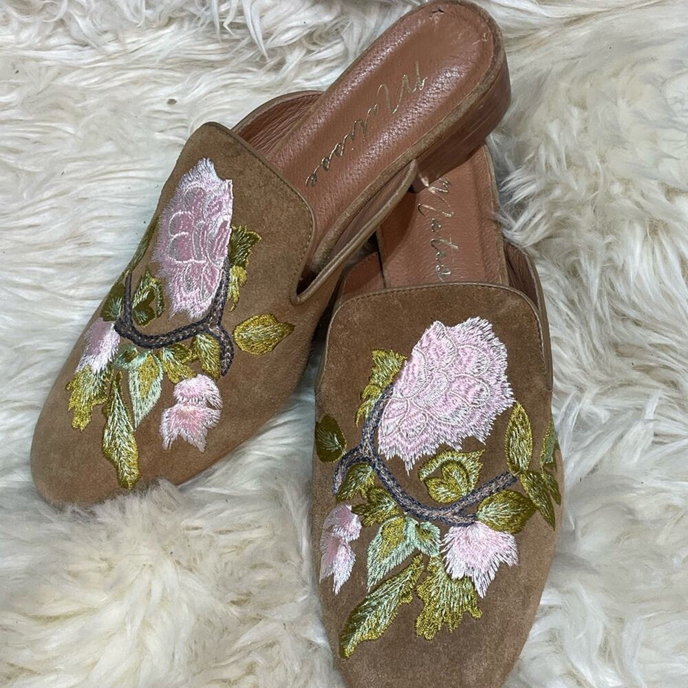 Matisse Brown Suede Mules with Pink & Green Floral Embroidery - Picture 2 of 7